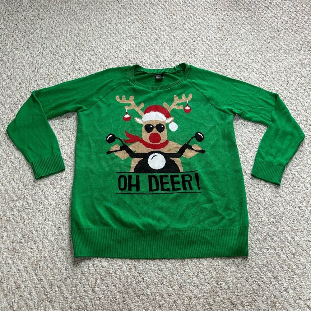 LOL Vintage Ugly Christmas Sweater Womens XL Oh Deer Reindeer Green Motorcycle